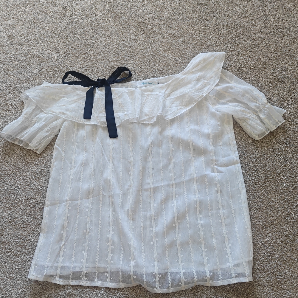 & Other Stories White Sheer Ruffled Blouse with Black Tie